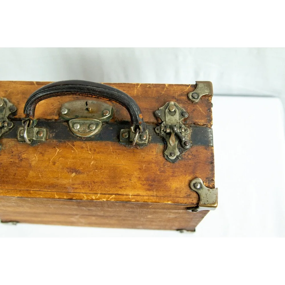 Antique Wooden Storage Chest Metal Corner Latches Leather Handle Rustic Box